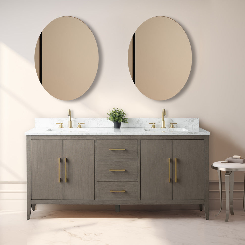 Vanity Art Bathroom Vanity With Sink, Driftwood Gray, 72", Double Sink, Golden Brushed