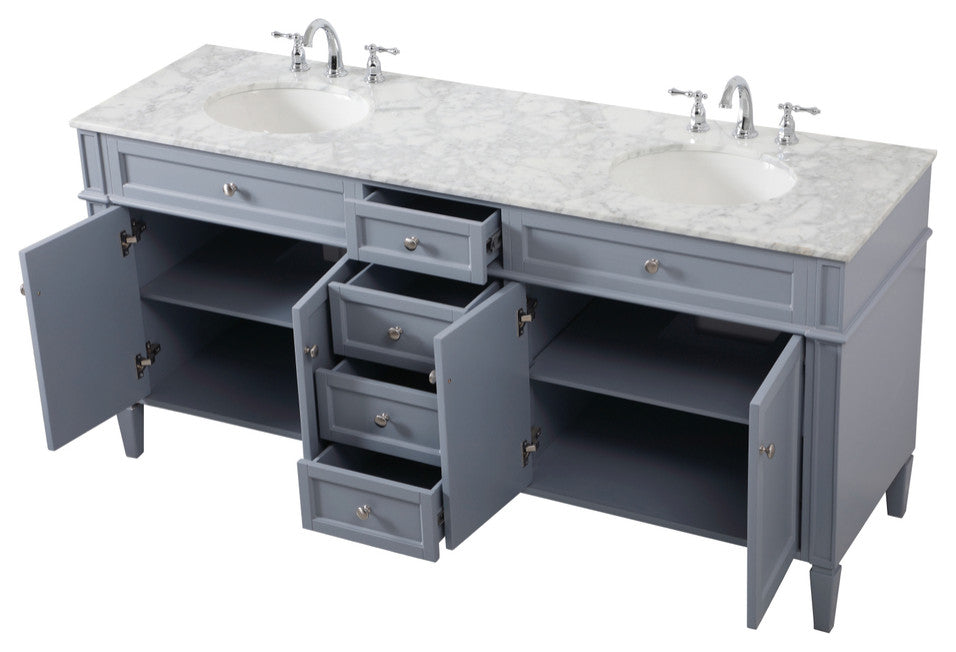 Home Living Vanity with Carrara White Marble Countertop, Gray, 72", Double Sink