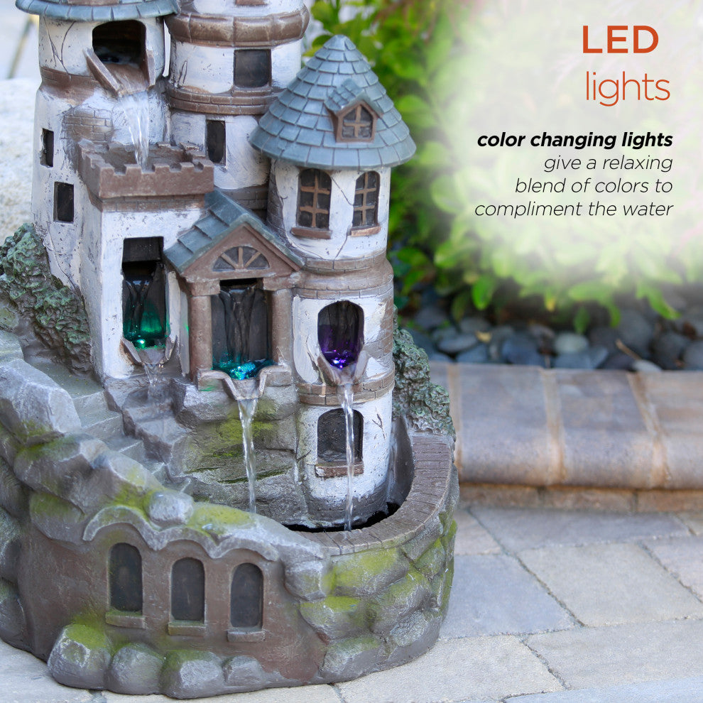 35" Tall Outdoor Tower Castle Fountain with Color Changing LED Lights