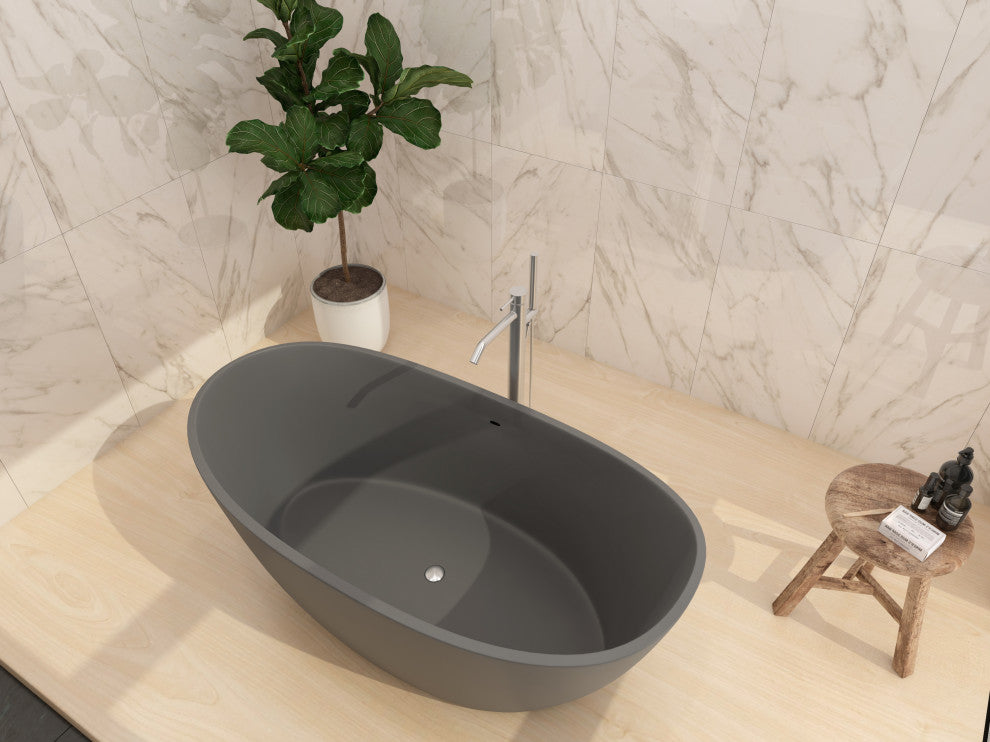 CastelloUSA Manhattan Solid Surface Stone Resin Freestanding Tub, Gray, 59"