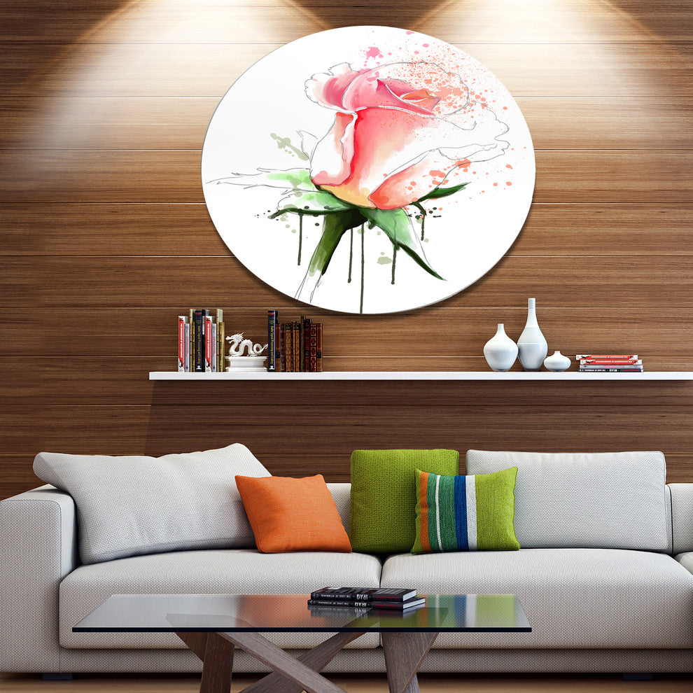 Pink Rose Sketch With Green Calyx, Floral Round Wall Art, 11"