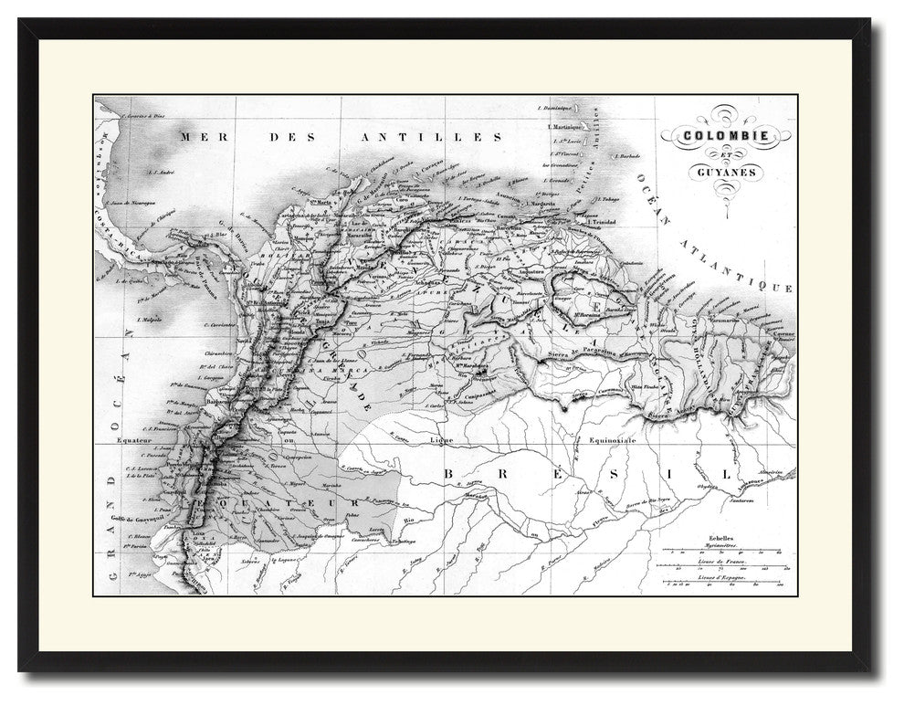 Columbia Venezuela Guianna Vintage B&W Map Canvas Print, 28"x37"
