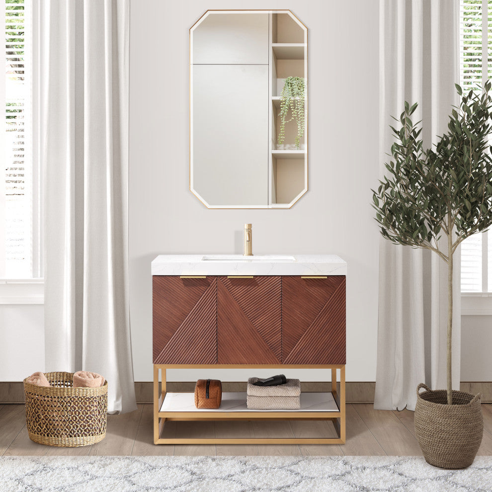 Mahon Bath Vanity, Stone Top, Brushed Gold Base, 36", Single Vanity, No Mirror