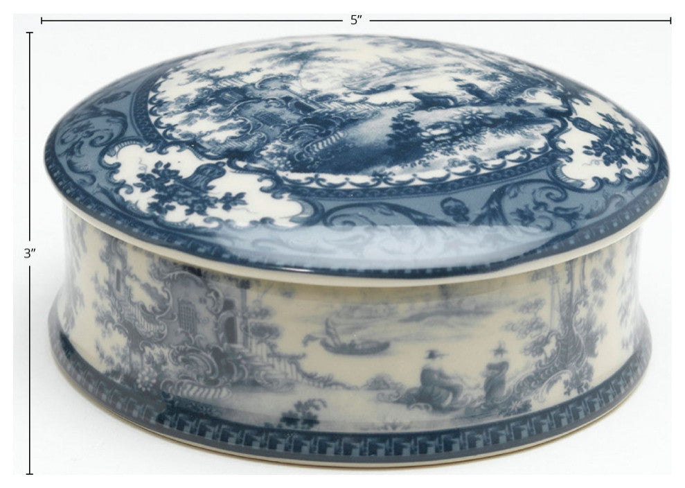 Round Porcelain Decorative Box, Blue/Cream