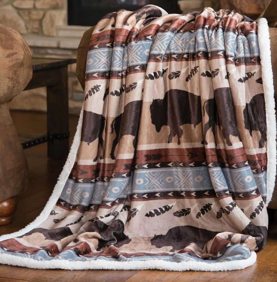 Carstens Wrangler Buffalo Southwestern Sherpa Fleece Throw Blanket, 54"x68"