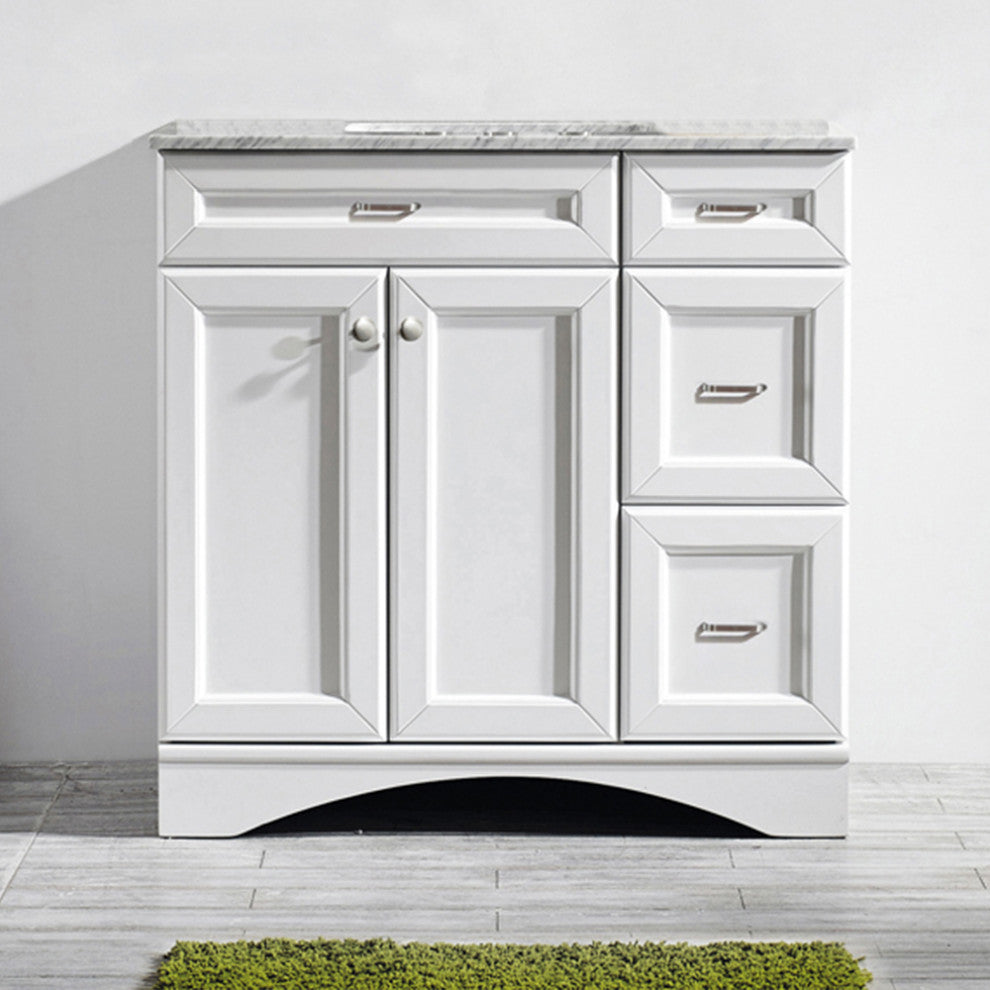 Naples 36" Vanity in White with Carrara White Marble Countertop Without Mirror