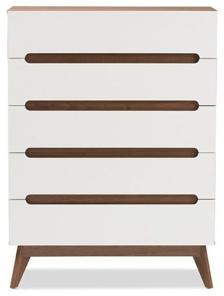 Calypso Mid-Century Modern White and Walnut Wood 5-Drawer Storage Chest