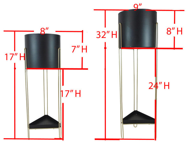 Black Gold Cylinde Plant Pot, Stand, Set of 2