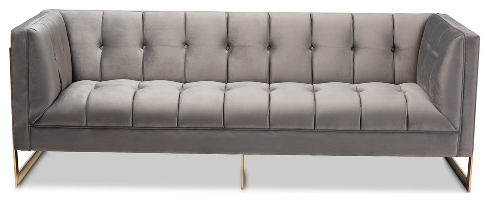 Rolland Gray Velvet Upholstered and Button Tufted Sofa With Gold-Tone Frame