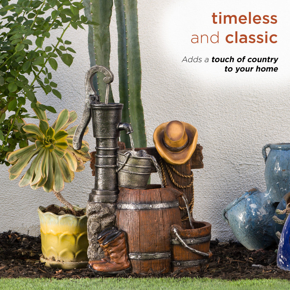 Pump and Barrel Fountain with Cowboy Hat