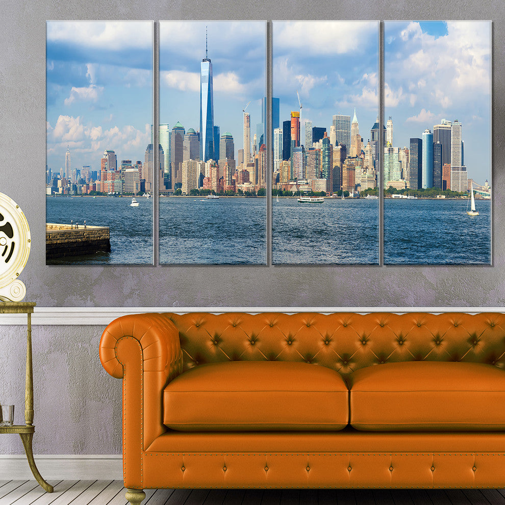 "Lower Manhattan Skyline Panorama" Cityscape Artwork Canvas, 4 Panels, 48"x28"