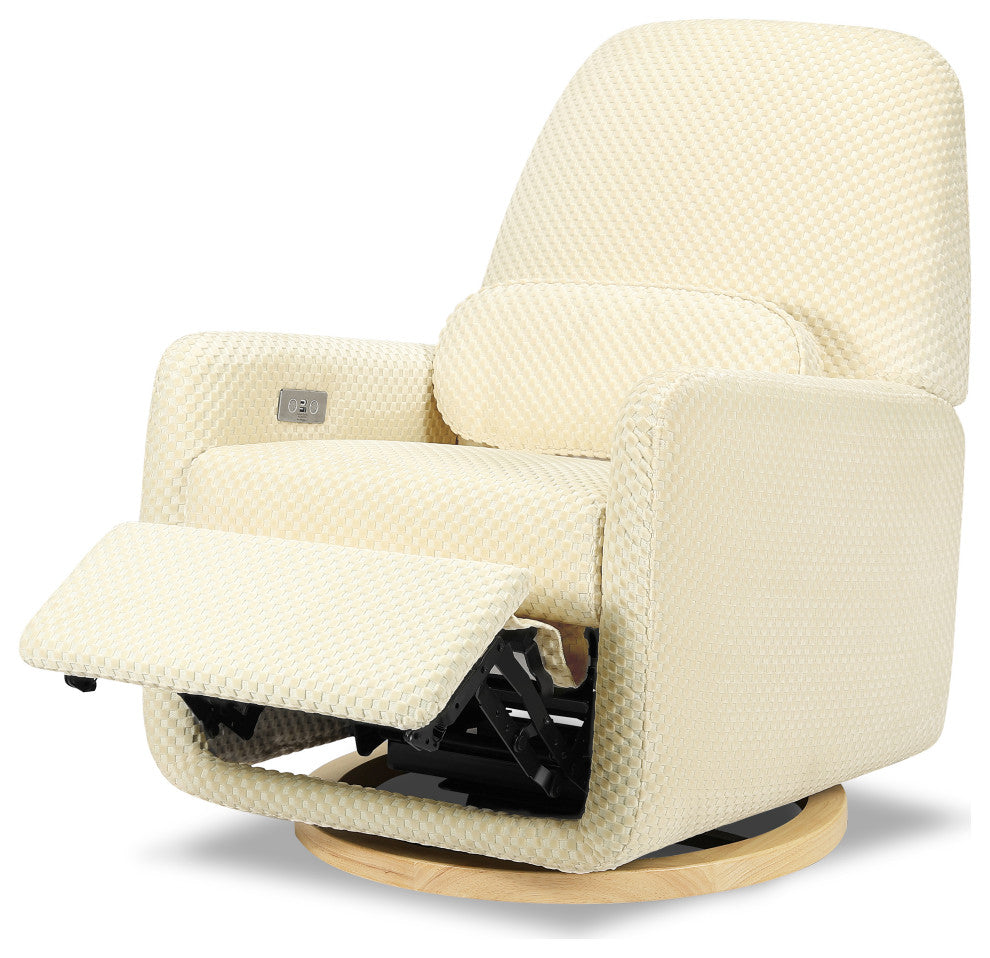 Arc Electronic Recliner/Swivel Glider, Velvet Checker, USB Port, Ivory Velvet Checker With Light Wood Base