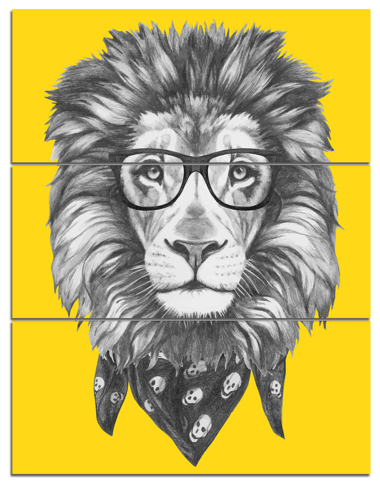 Lion with Glasses and Scarf, Animal Triptych Canvas Art Print, 28x36, 3 Panels