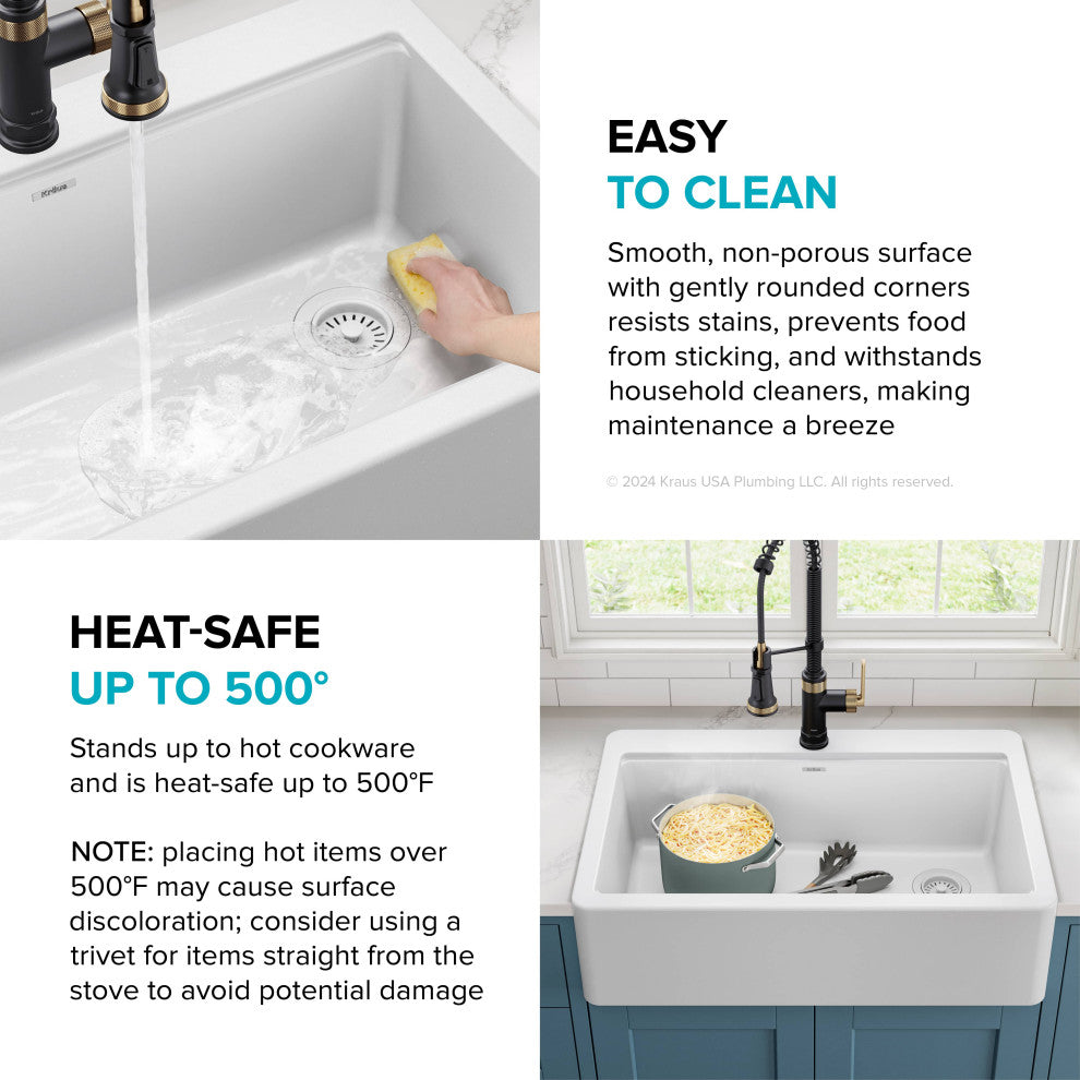 KRAUS Bellucci 33" Workstation Drop, Farmhouse Granite Kitchen Sink White