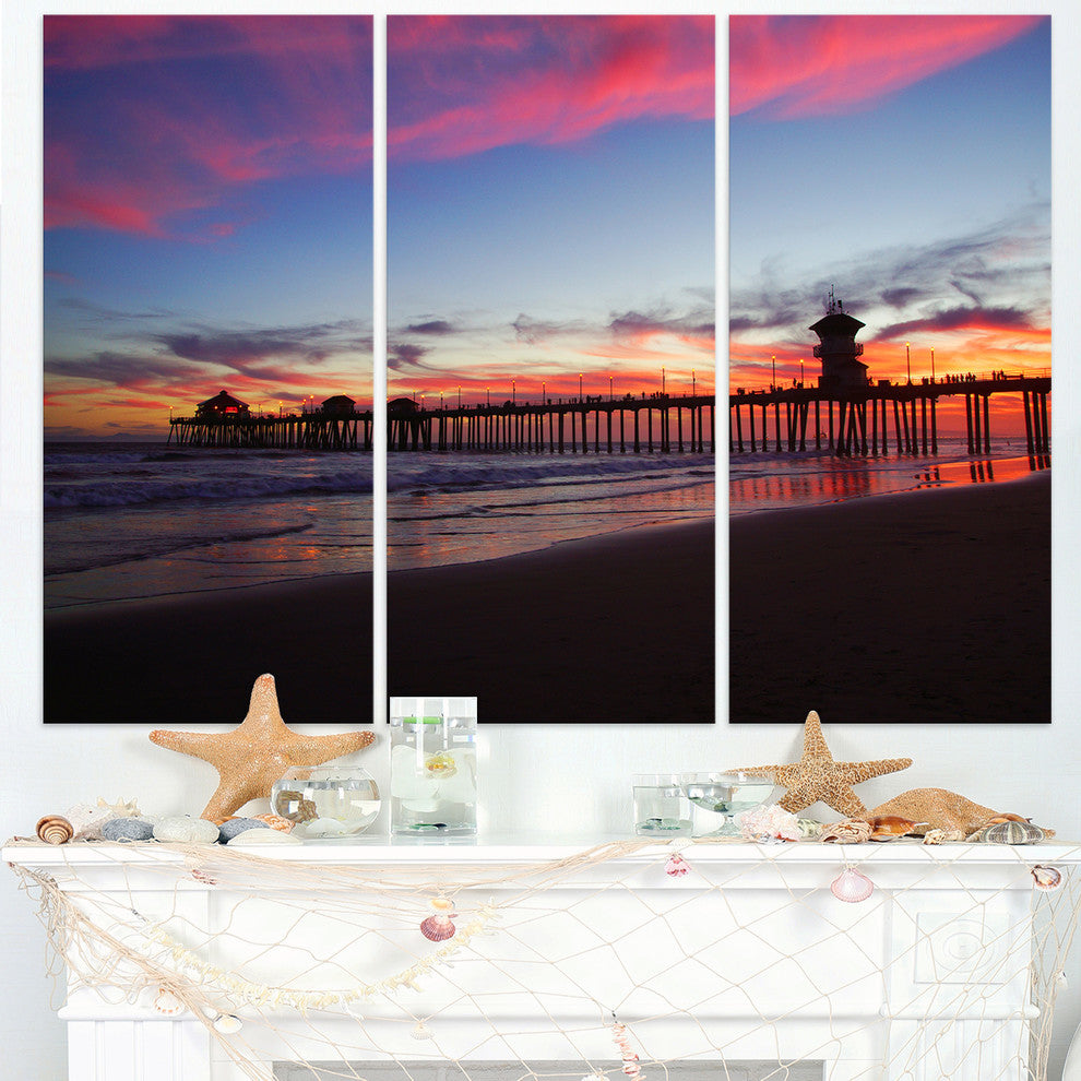 "Sea Bridge in California With Red Clouds" Metal Wall Art, 3 Panels, 36"x28"