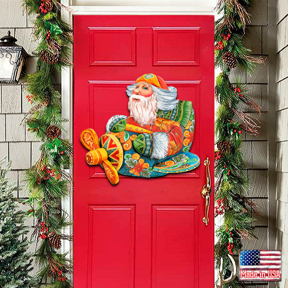 Aviator Santa, Wooden Decorative Holiday Door Hanger