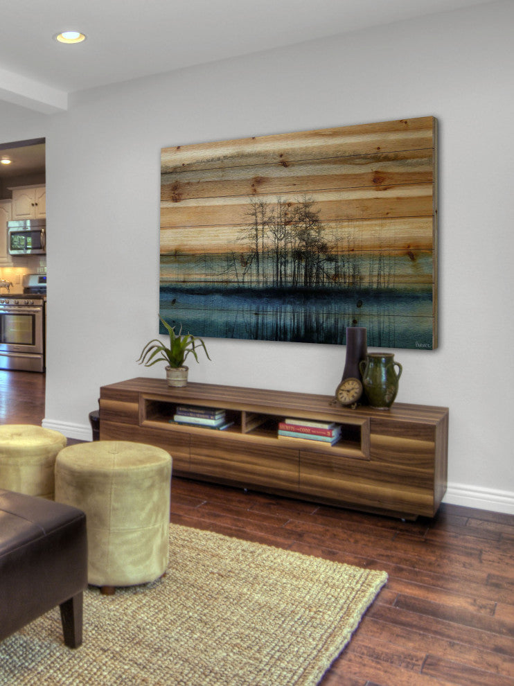 "Tree Isle Reflects" Painting Print on Natural Pine Wood, 36"x24"