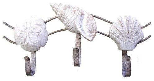 Coastal Whitewashed Assorted Sea Shells Wooden and Metal Triple Hook Wall Decor