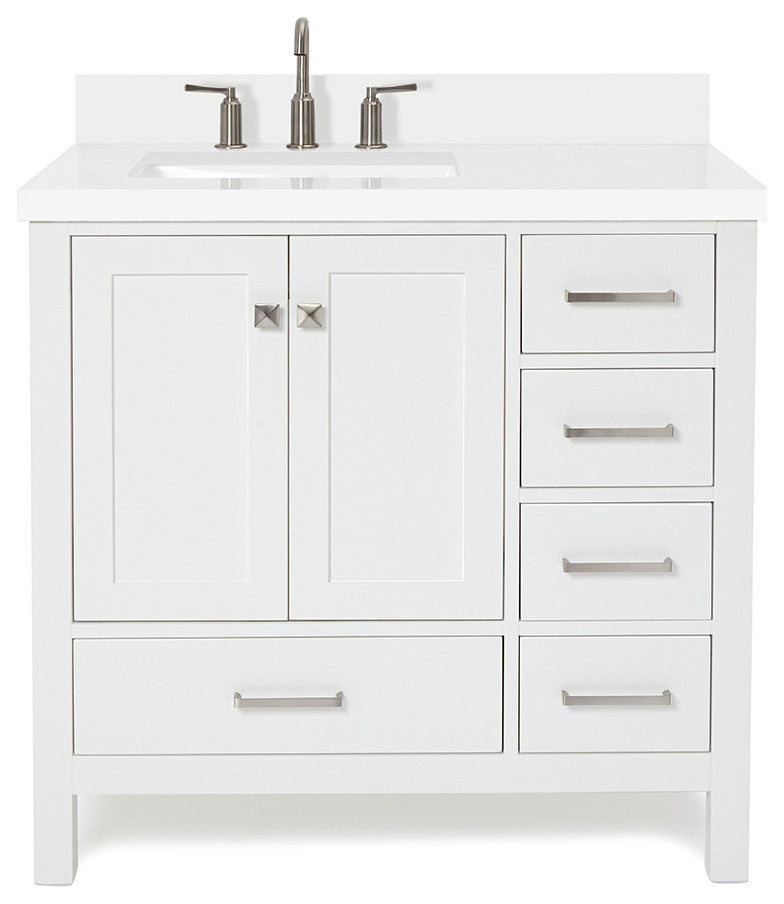 ARIEL Cambridge 37" Left Offset Rectangle Sink White Bathroom Vanity Quartz Top
