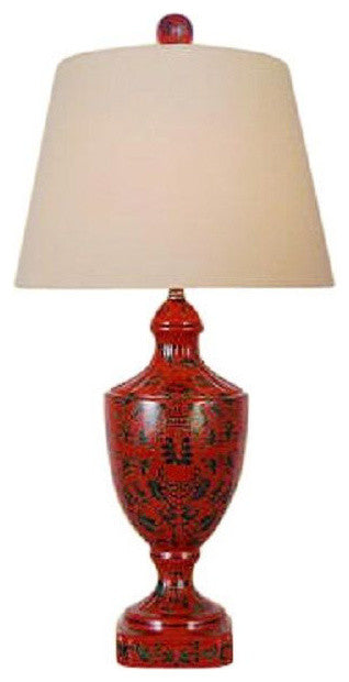 Chinese Red Lacquer Porcelain Jar Table Lamp With Shade and Finial 28"