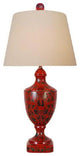 Chinese Red Lacquer Porcelain Jar Table Lamp With Shade and Finial 28"