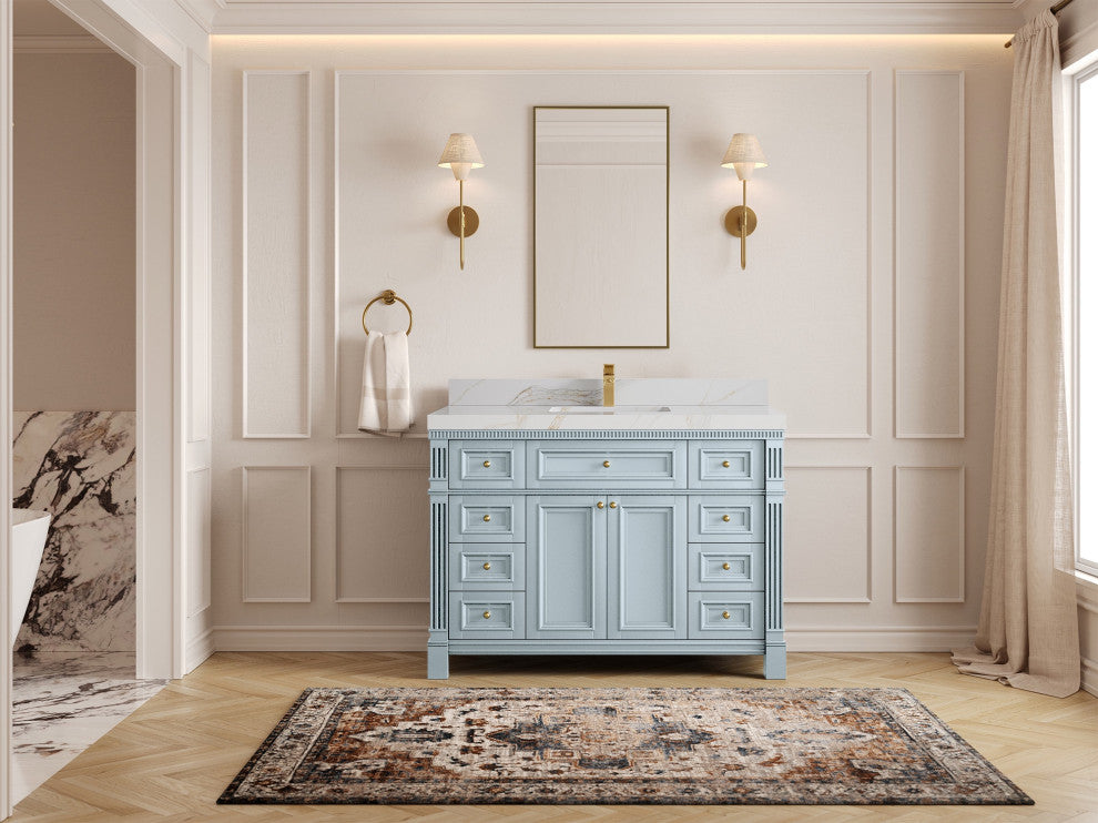 Paris 48" Single Sink Bathroom Vanity, Blue Heather 2" Calacatta Sienna