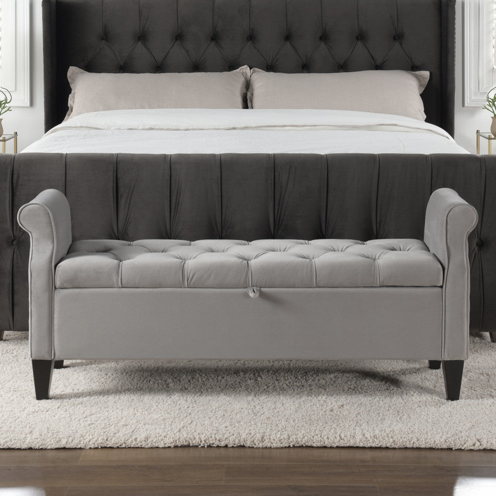 Jacqueline 58" Tufted Storage Bench, Opal Gray Velvet