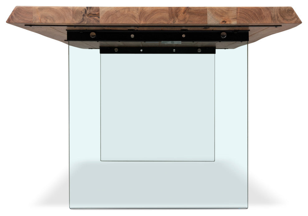 Brooks Dining Table, Glass Base, Teak Top, Clear Glass Base, 40"x79"