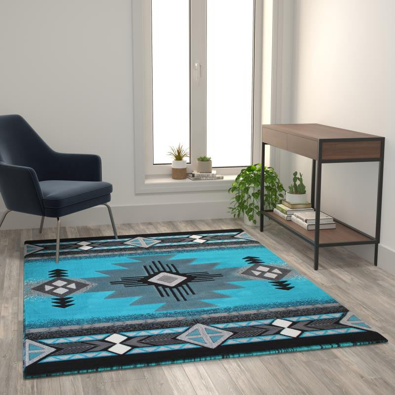 Mohave Collection Traditional Southwestern Style Area Rug, Turquoise, 5' X 7'