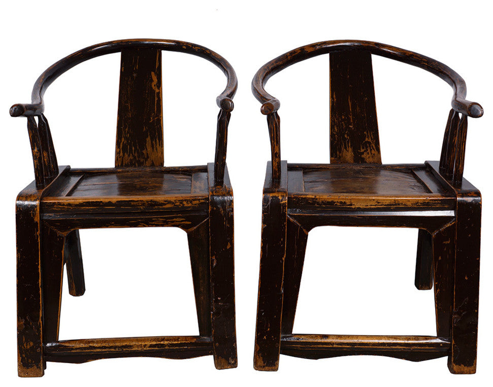 Consigned Antique Chinese Yoke Armed Horseshoe Chairs, 2-Piece Set