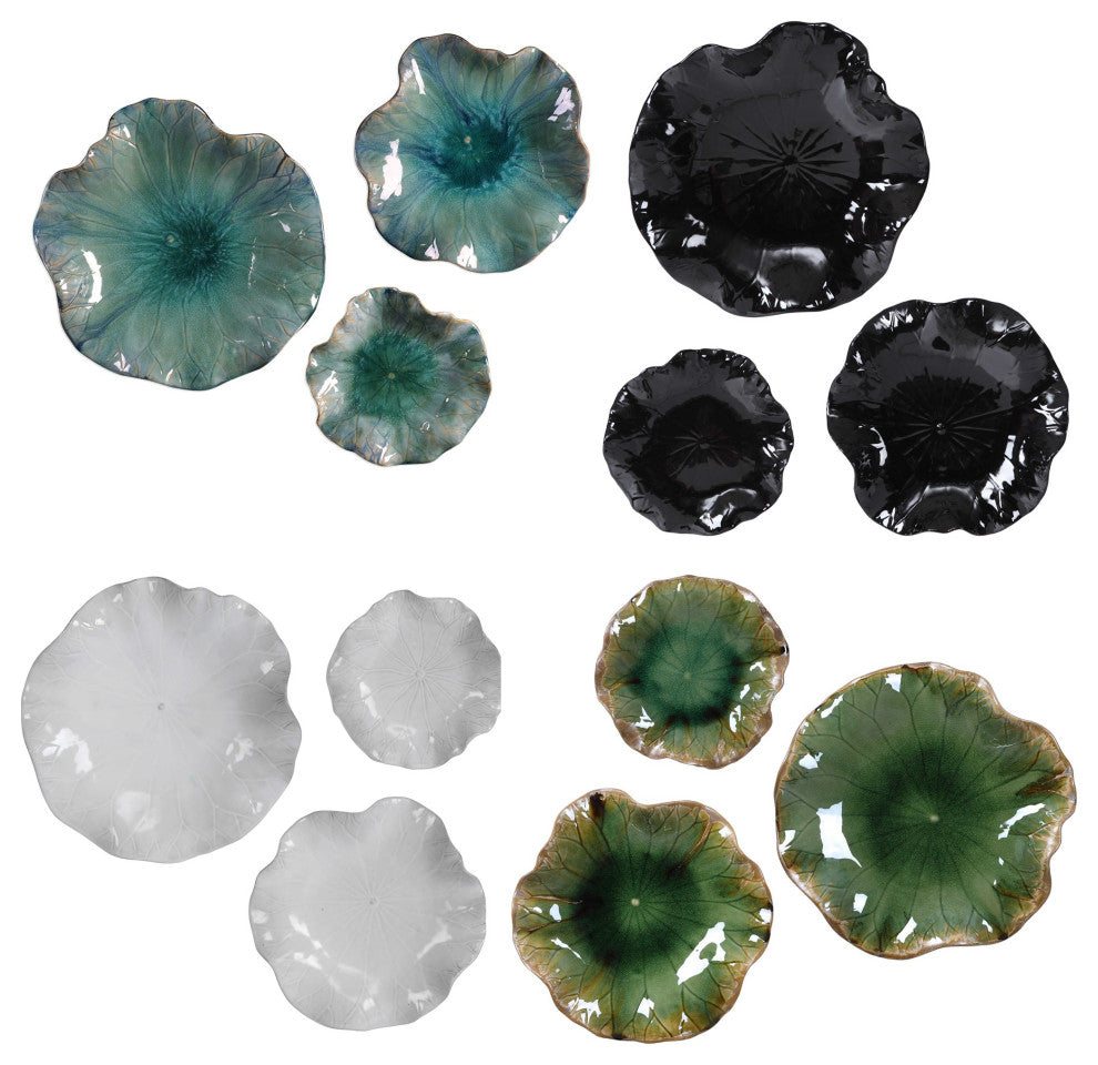 Gloss White Lily Pad Wall Art Flower Sculpture Round Leaf Hanging, 3-Piece Set