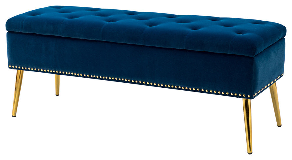 Button-tufted Storage Bench with Nailhead Trim, Navy