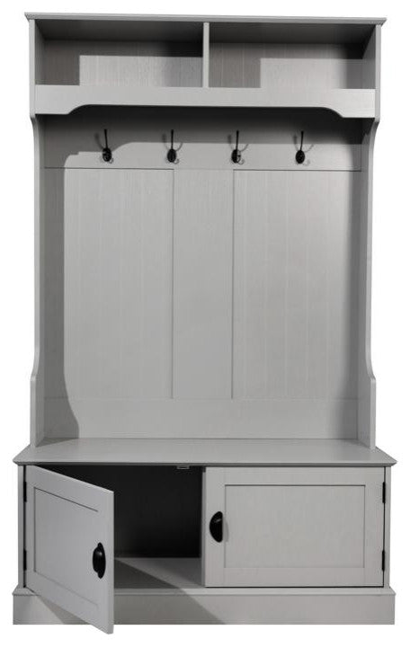 Fraser 40" Double Door Storage Bench, Coat Rack and 2 Upper Storage Cubbies, Gray