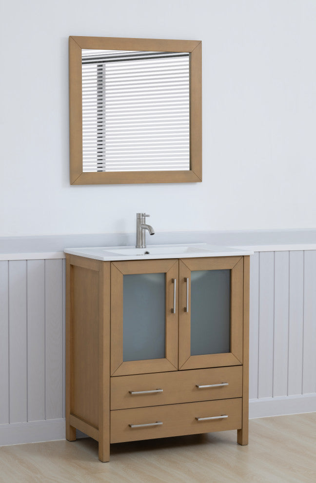 Vanity Art Single Vanity Set With Ceramic Top, 30", Natural Oak, Standard Mirror