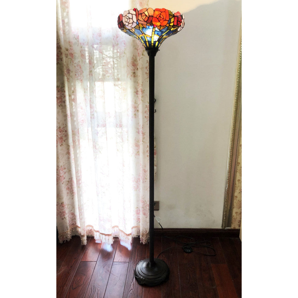 AZALEA Tiffany-Style Floral Stained Glass Torchiere Floor Lamp, 67"