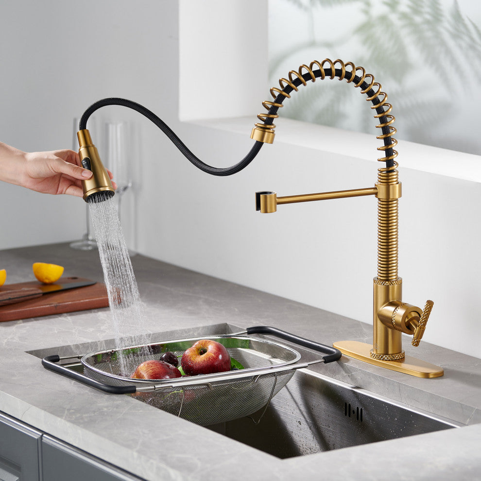 Single Handle Kitchen Faucet Pull-Down Sprayer, 360 Swivel, Three Functions, Brushed Gold