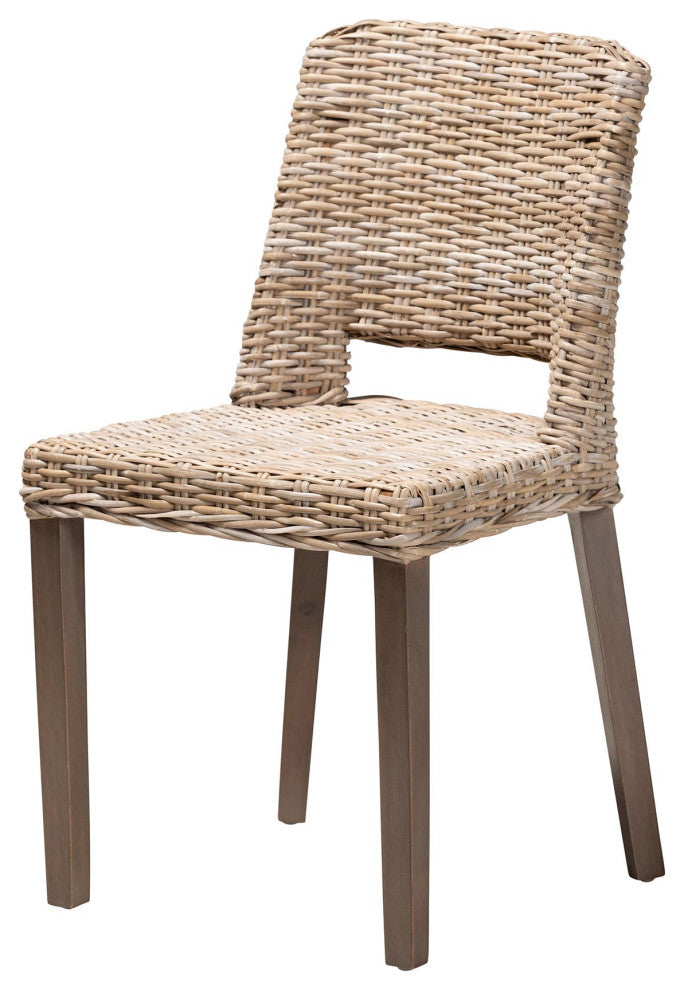 Magy Modern Bohemian Grey Rattan and Natural Brown Finished Wood Dining Chair