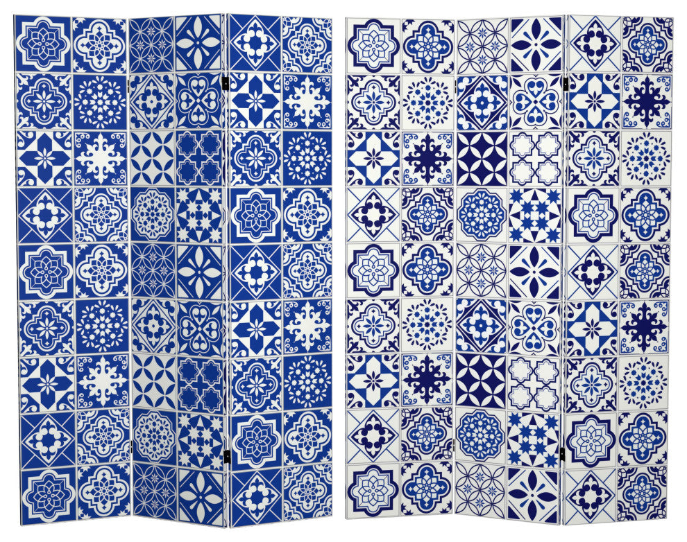 6' Tall Double Sided Blue and White Tile Canvas Room Divider