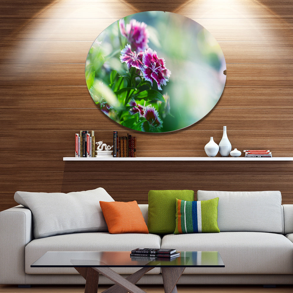 Pink Flowers On Green Background, Floral Disc Metal Artwork, 11"