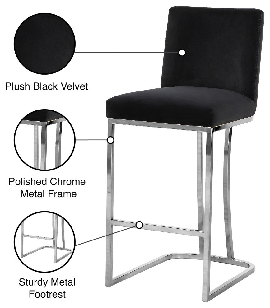 Heidi Upholstered Counter Stool, Black, Chrome, Velvet