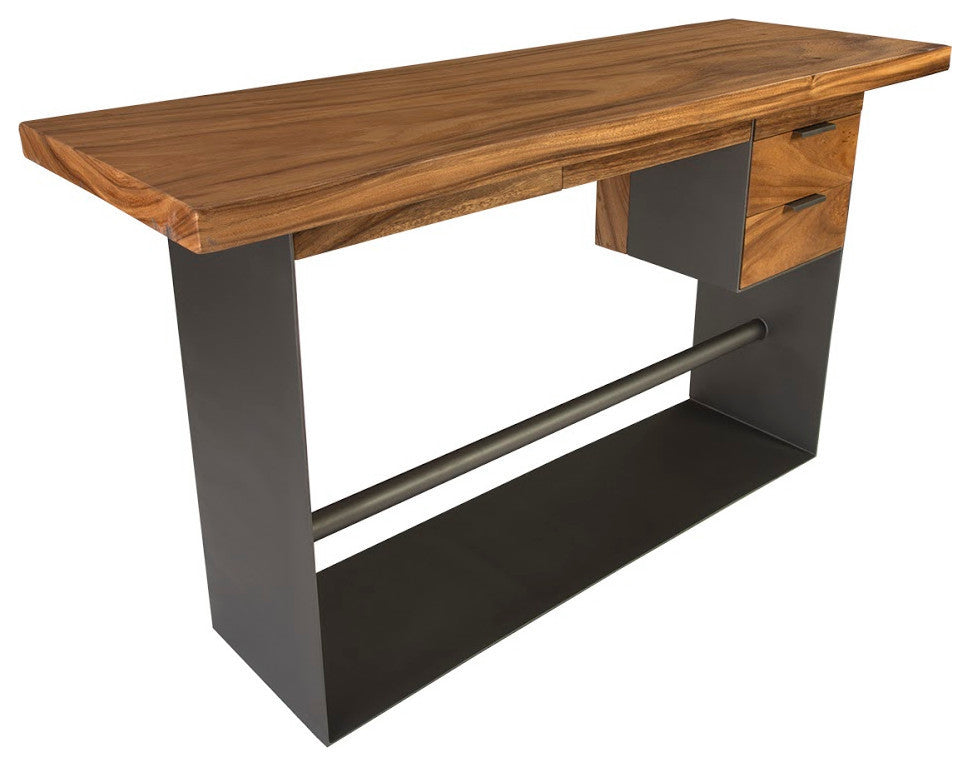 Iron Frame Standing Desk With Drawers, Chamcha Wood, Natural, Bar Height