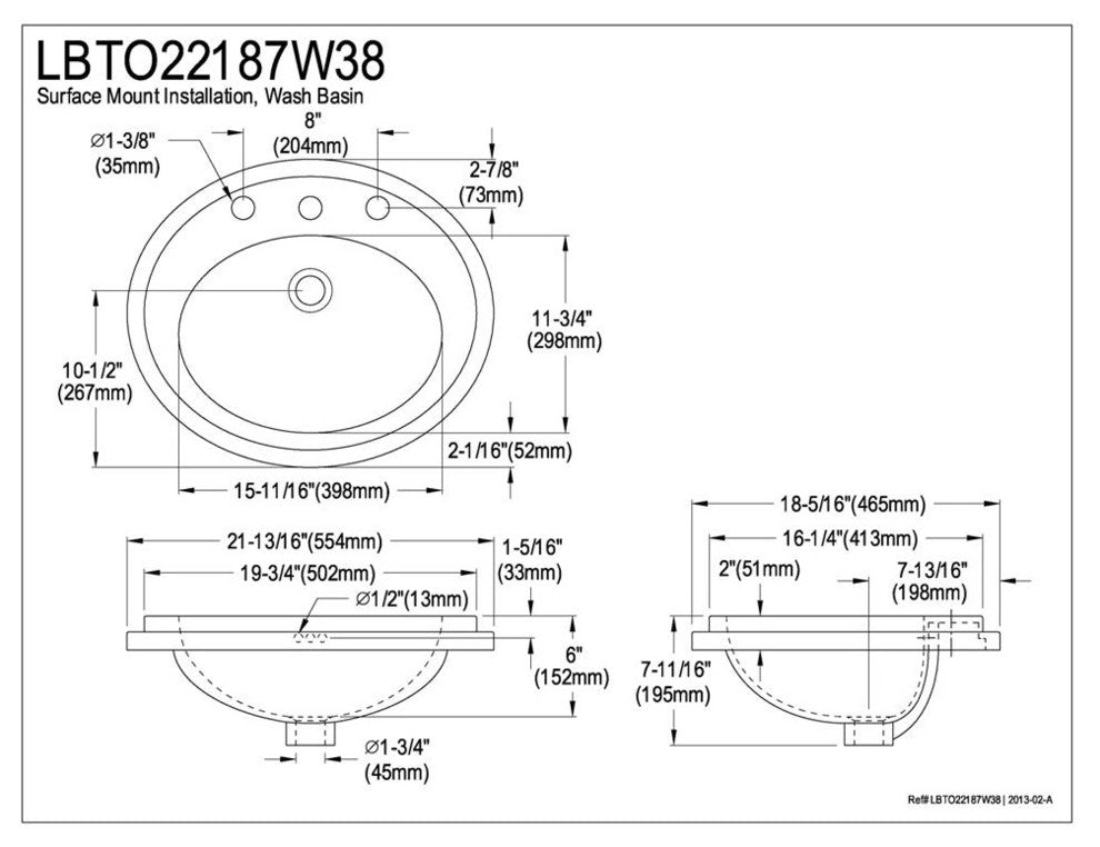Eden White China Countertop Bathroom Sink with 8" Center LBTO22187W38