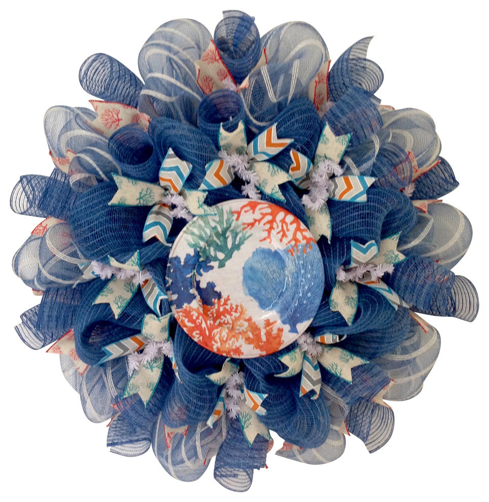 Coral Reef Decorative Plate Beach Or Coastal Handmade Deco Mesh Wreath