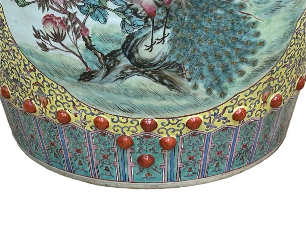 Vintage Famille Rose Yellow Base Peacocks Peony Porcelain Round Stool Hws4350