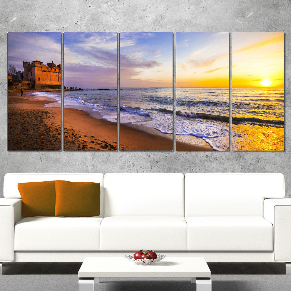 "Castle Santa Severa Over Sunset Italy" Seascape Wall Art, 5 Panels, 60"x28"