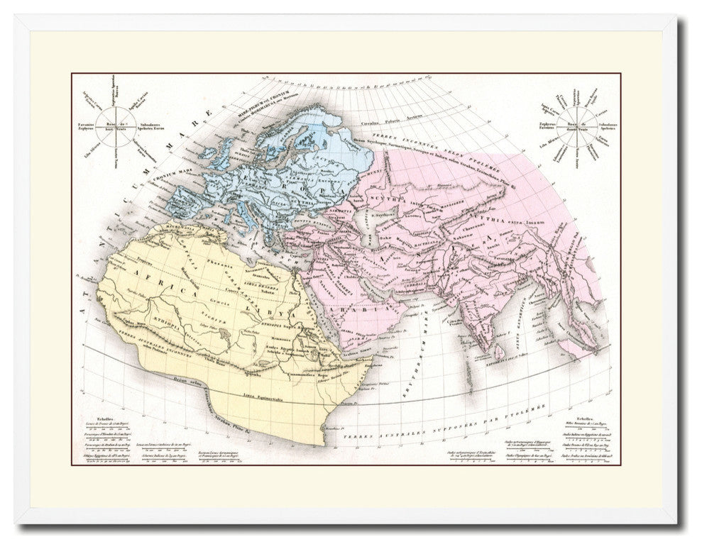 World In The Time Of Ptolomy Old Map Print On Canvas With Frame 28" X 37"
