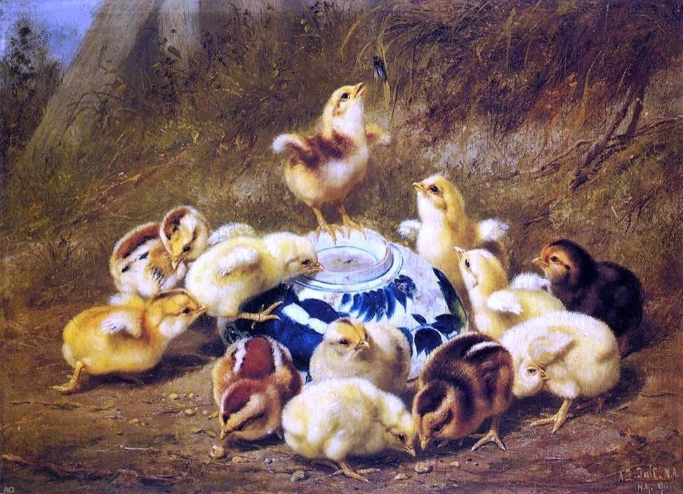 Arthur Fitzwilliam Tait Chicks and Delft Bowl - 18" x 27" Premium Canvas Print