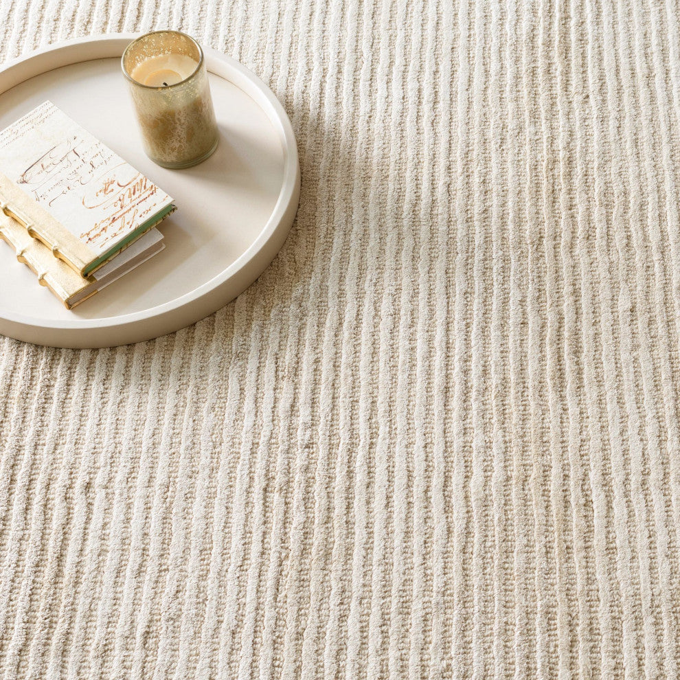 Cut Stripe Ivory Hand Knotted Viscose/Wool Rug, Ivory, 5' x 8'