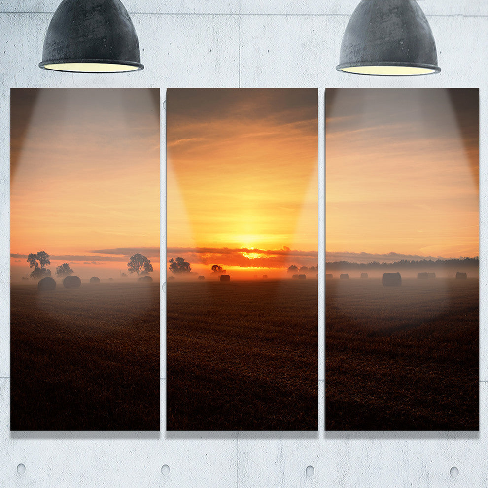 "Sunrise at Farmland Bales" Metal Wall Art, 3 Panels, 36"x28"
