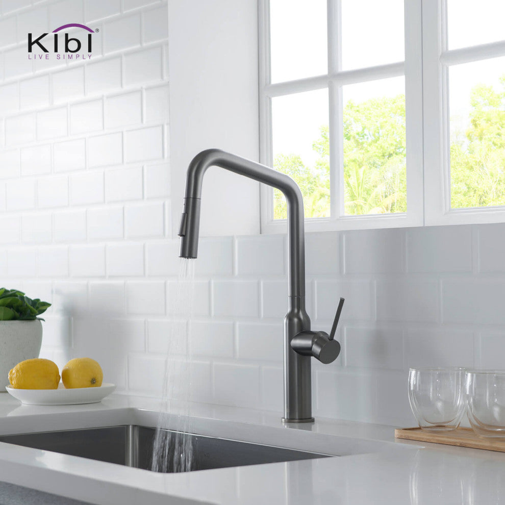 Macon Single Handle Pull Down Kitchen Faucet, Titanium, W/ Soap Dispenser